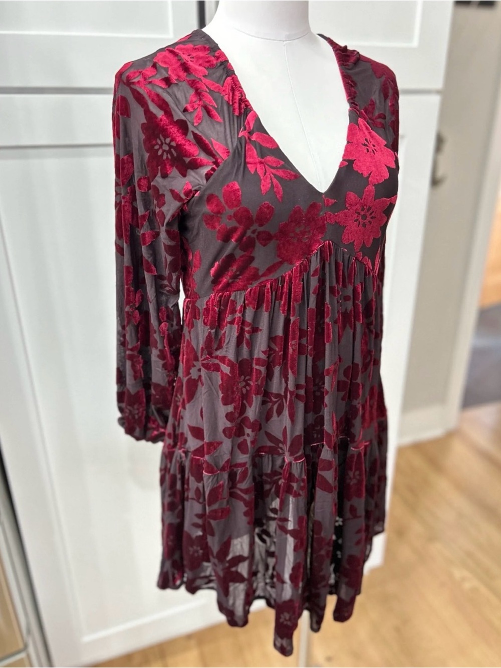 Taylor Burgundy Floral Velvet Burnout Long Sleeve Dress